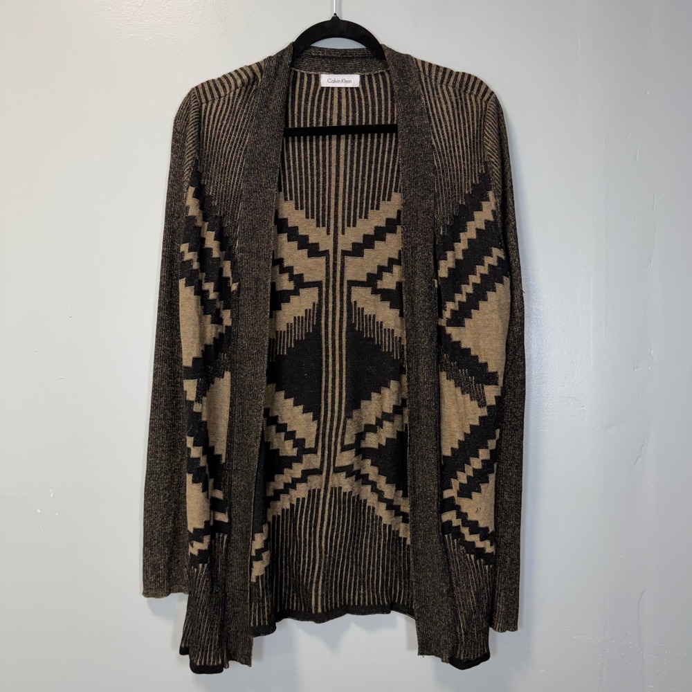 Calvin Klein Rayon Silk Geometric Aztec Open Front Cardigan Sweater Brown Black‎